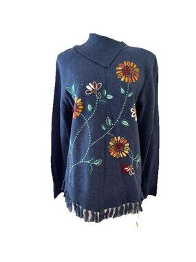 Alfred Dunner Embroidered Floral Sweater Women's Size S Blue Beaded Fringe NWT